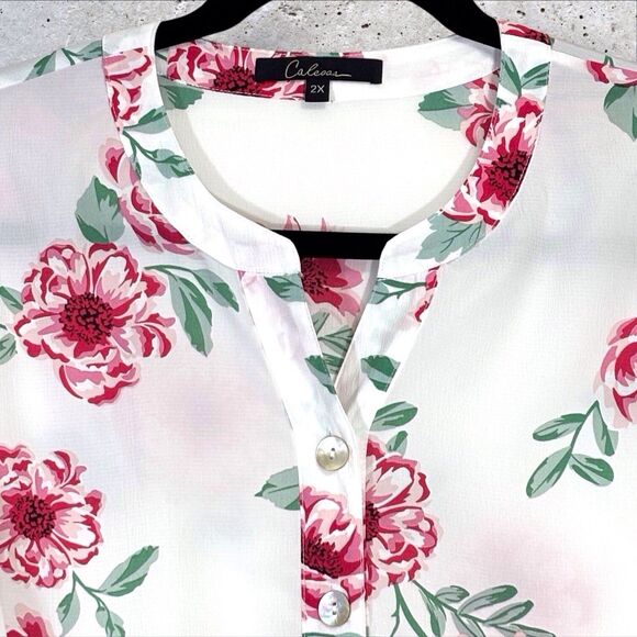 Calessa Tunic Top White Pink Floral Frenzy 2X Roll Tab Sleeves Pockets Button Up - Picture 6 of 9